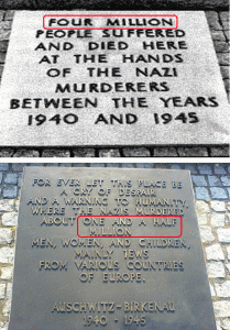 Plaques commemorating Auschwitz deaths: before and after the total number of deaths were amended. Click to enlarge  