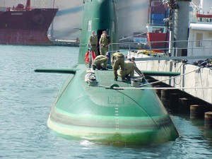 Israeli Dolphin submarine, capable of firing nuclear armed cruise missiles, one of a number a number of which have been virtually given to Israel by Germany. Click to enlarge