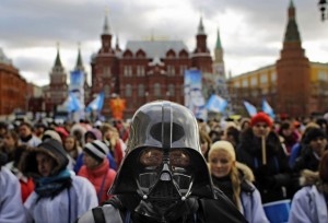 A member of the pro Kremlin youth movement Stal wearing a Darth Vader helmet at a rally for Putin