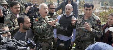 Syrian Army officers address the media in Yabroud