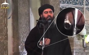 The alleged leader of the ISIS (or IS or ISIL) wearing an expensive, ostentatious watch, which seems at odds with claims that he's a devout Muslim. Click to enlarge