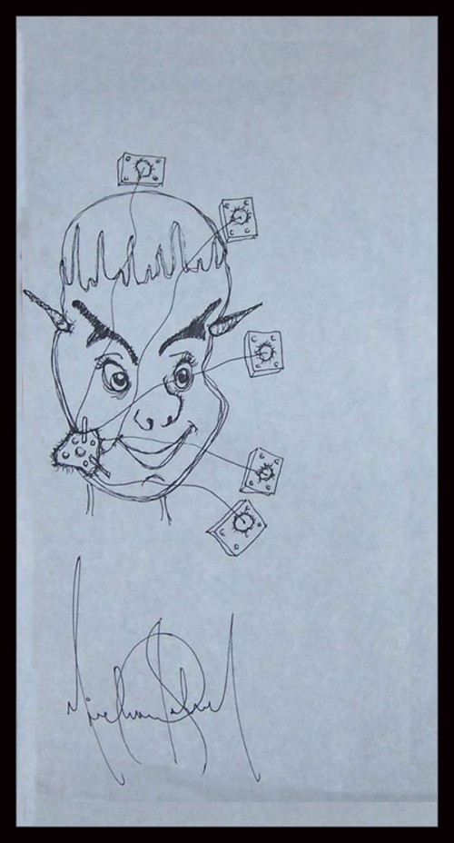 This drawing depicts a smiling face that is attached to several wires. The wires are connected to what appear to be switch boxes. Is this a reference to electroshock torture? Also, there appears to be small horns growing from his head.