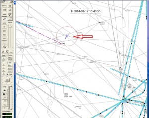 The alleged military plane or planes are represented by blue spots tagged 'T,' while MH17’s route is marked by a purple line. (image from www.aviasafety.ru). Click to enlarge