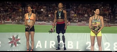 Here we see a gold medal winner at the 2028 Nairobi Olympics. She is wearing prosthetic legs similar to Oscar Pistorious