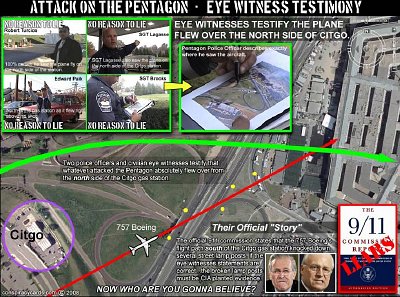 An example of the many charts, memes and graphics put out by proponents of "9/11 Truth"; this image disputes the official account of how American Airlines Flight 77 crashes into the western side of the Pentagon Sept. 11, 2001. Click to enlarge