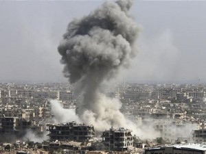 Smoke rises after shelling by the Syrian army last week in Jobar, Damascus, Syria. Backed by Russian air strikes, the Syrian army has launched an offensive in central and north-western regions. Click to enlarge