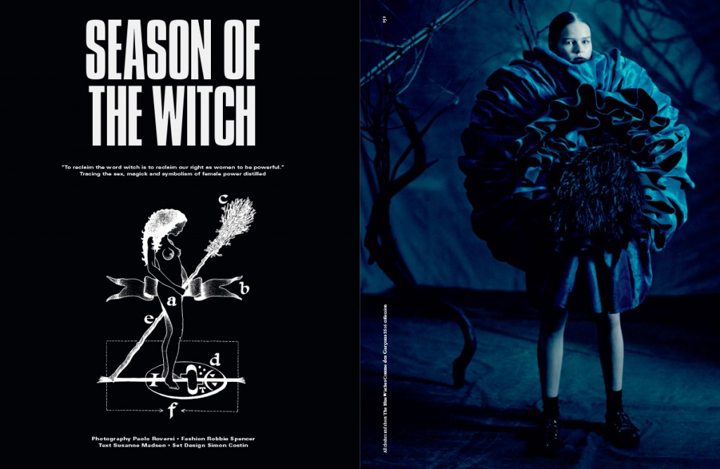 In the summer issue of Dazed magazine is an interesting photoshoot entitled Season of the Witch. It combines “fashion” (look at what she is wearing) with images from works about occultism, witchcraft and ceremonial magick. More telling is this new trend pushed by mass media: Associating witchcraft with “female empowerment”.  Indeed, the text under the title states: “To reclaim the word witch is to reclaim our right as women to be powerful. Tracing sex, magick, and symbolism of female power distilled”. Click to enlarge