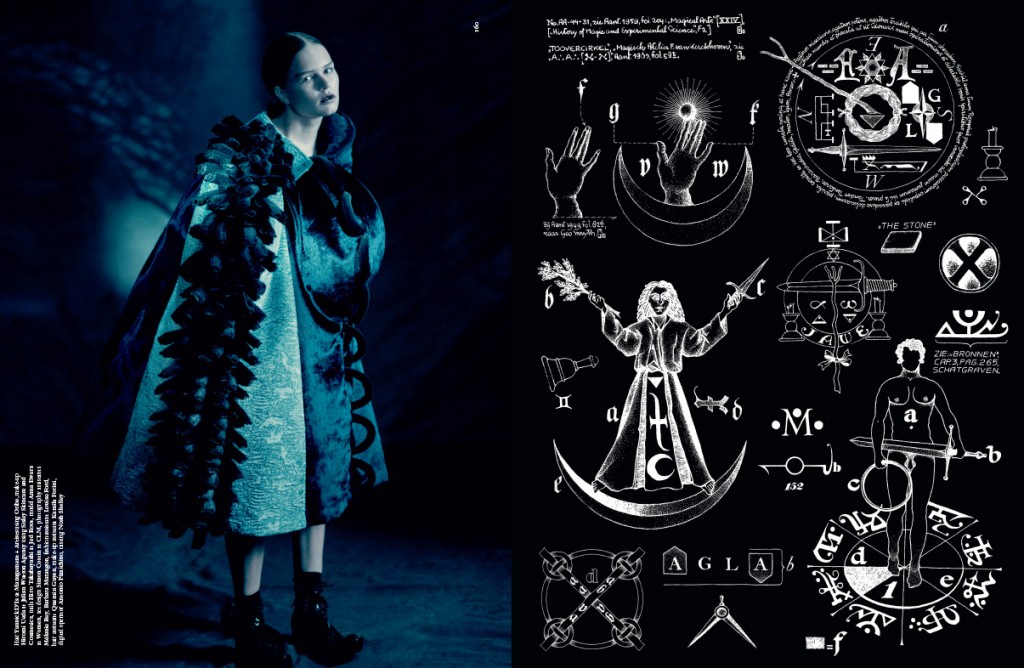 Next to this model (who has a “please kill me” look on her face) are diagrams taken from various occult works. The article accompanying the photoshoot is basically an infomercial for witchcraft, selling it as a tool for female empowerment. Not unlike Beyoncé’s Lemonade, “empowerment” is intertwined with the occult elite’s philosophy (without actually revealing any of it). The article contains sentences such as: “The independence of women is the great strength of witchcraft”, “I feel like the witch is relevant because women are still mistreated” and “They were powerful women and there’s nothing more scary to a patriarchy than that”. Click to enlarge