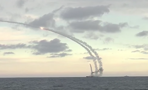 Russian navy launches cruise missiles at Islamic State militants in Aleppo, Syria. Click to enlarge