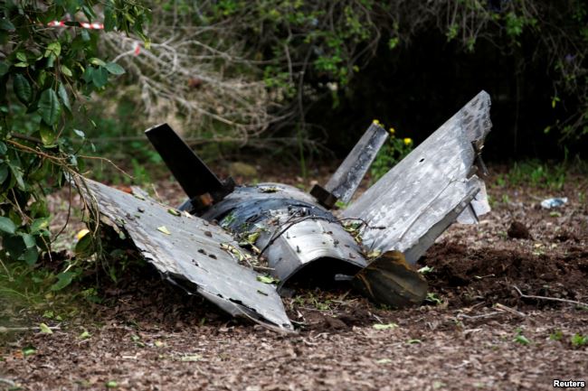 Fragments of a Syrian anti-aircraft missile found in Alonei Abba, about 2 miles (3.2 km) from where the remains of a crashed F-16 Israeli war plane were found, at the village of Alonei Abba, Israel, Feb. 10, 2018. Click to enlarge