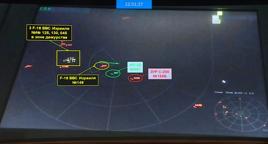 Radar data of the Russian S-400 air defense system showing position of 4 Israeli F-16 jets (yellow), the Syrian air defense missile (red), and the Russian Il-20 plane (green) at the time of its downing on September 17, 2018 © Ministry of Defense. Click to enlarge