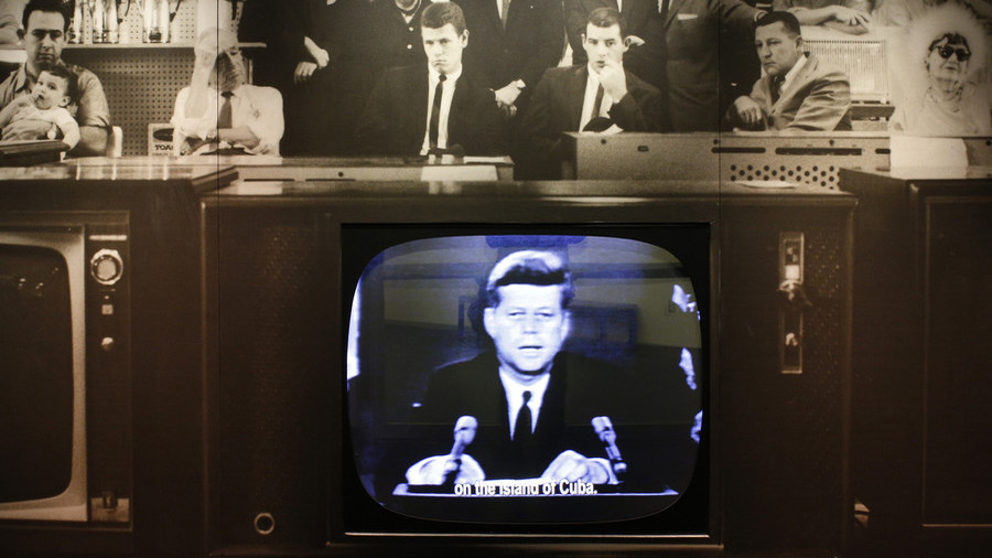 President Kennedy on October 22, 1962, during a televised address about the Cuban Missile Crisis. Click to enlarge