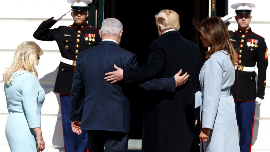 President Donald Trump and first lady Melania Trump meet with Israeli Prime Minister Benjamin Netanyahu and his wife Sara Netanyahu at the White House, Monday, March 5, 2018, in Washington. (AP Photo/Evan Vucci)