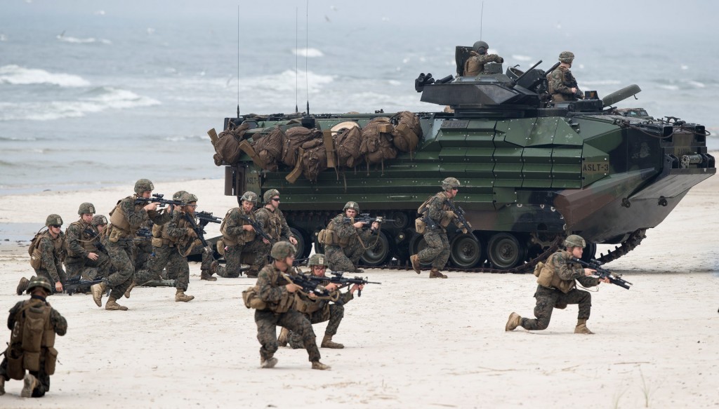 U.S. Marines with Amphibious Assault Vehicles (AAV) take a part in a landing operation during a military Exercise Baltops 2018. Click to enlarge