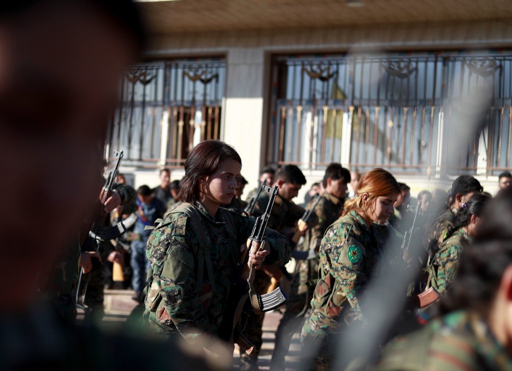 Fighters from the Syrian Democratic Forces, the Kurdish led militia that is fighting Islamic State with US help