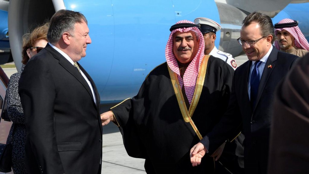 Mike Pompeo is greeted by Bahraini Foreign Minister Khalid bin Ahmed Al Khalifa. Click to enlarge
