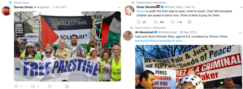 Some of the legitimate Palestine solidarity material posted or retweeted by two of the accounts. Clck to enlarge