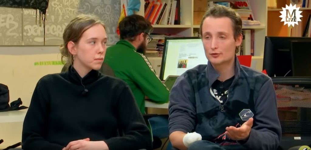 Lola Villabriga, student, her jaw was fractured when she was hit in the face by a “flashball” bullet, December 2018 in Biarritz next to Antoine Boudient, student, who lost a hand during protests in Bordeaux December 2018. (Photo: Screenshot from Mediapart interview)