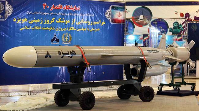 A surface-to-surface Hoveyzeh cruise missile on display in Tehran, Feb 2, 2019. Click to enlarge