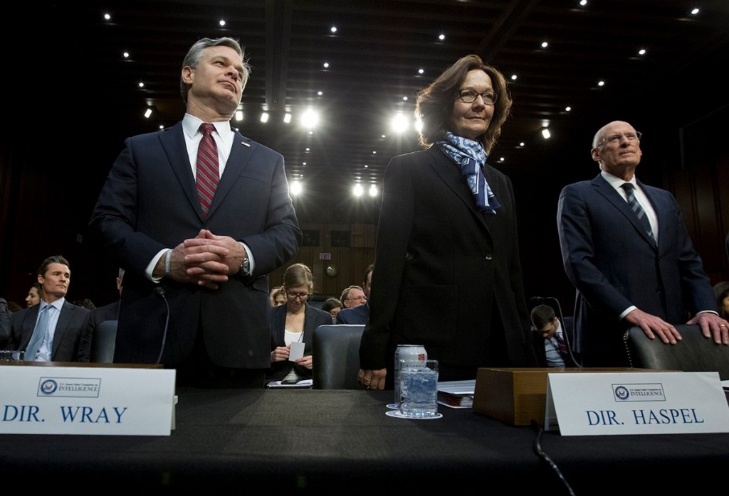 (L to R) Christopher Wray, Gina Haspel and Dan Coats. Click to enlarge