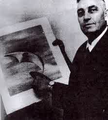 Kenneth Arnold, one of the first people to claim to have seen a UFO and a drawing of what he saw in 1947.