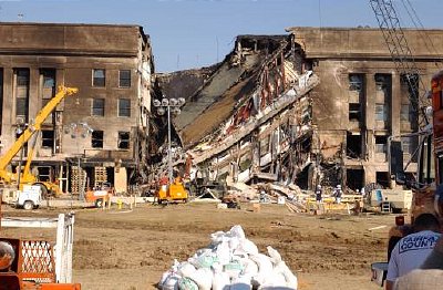 After the impact: lots of damage but virtually no wreckage from American Airlines Flight 77.