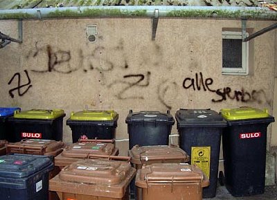 The reverse swastikas scrawled by the attackers.